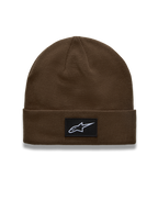 Alpinestars Augment Cuff Beanie, brown knit acrylic hat with a woven Astars logo patch and bike-chain border detail.