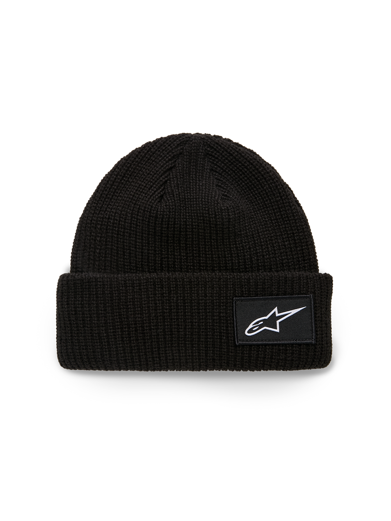 Alpinestars Unload Rib Cuff Beanie, Knit Beanie, Black, featuring a ribbed cuff with a white Astars logo woven patch, shallow fit, casual sportswear