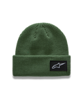 Alpinestars Unload Rib Cuff Beanie in Pea Green, casual acrylic knit winter hat with a black woven logo patch.