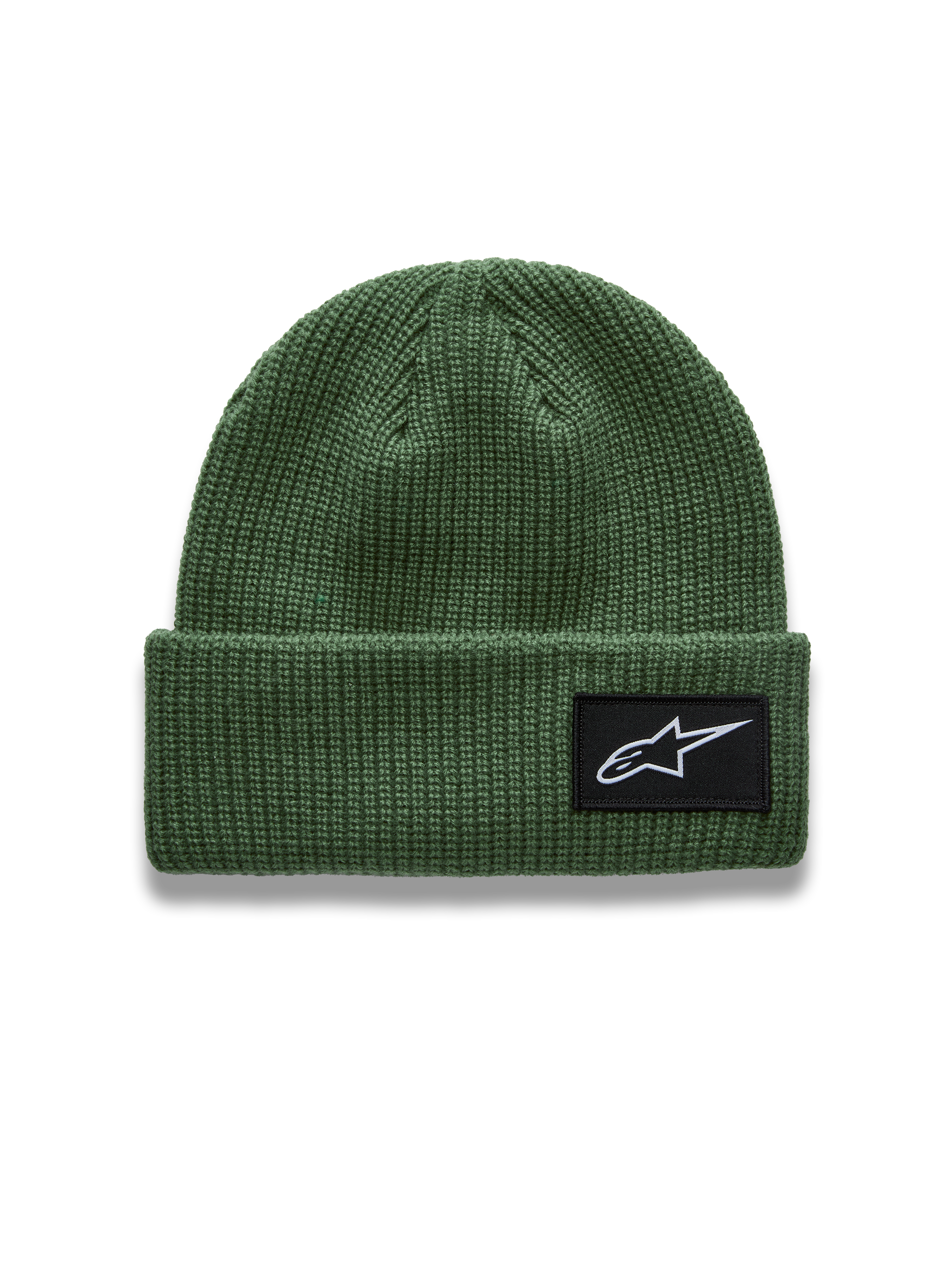 Alpinestars Unload Rib Cuff Beanie in Pea Green, casual acrylic knit winter hat with a black woven logo patch.