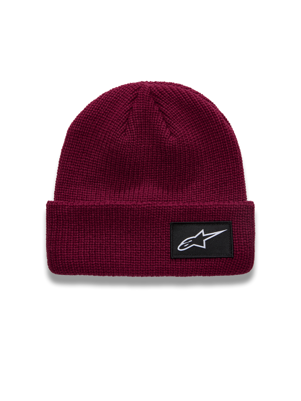Alpinestars Unload Rib Cuff Beanie, berry red knit acrylic winter hat featuring a black logo patch on the folded cuff.