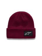 Alpinestars Unload Rib Cuff Beanie, berry red knit acrylic winter hat featuring a black logo patch on the folded cuff.