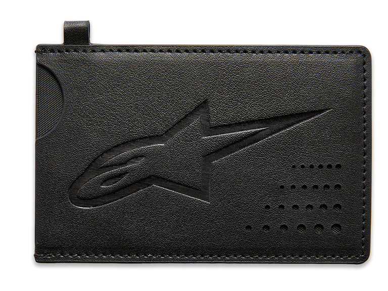 Alpinestars Ageless Credit Card Holder, Black split leather card case, debossed Astars logo, curved notch for easy card retrieval, perforated dot detail, slim motorsport-inspired accessory