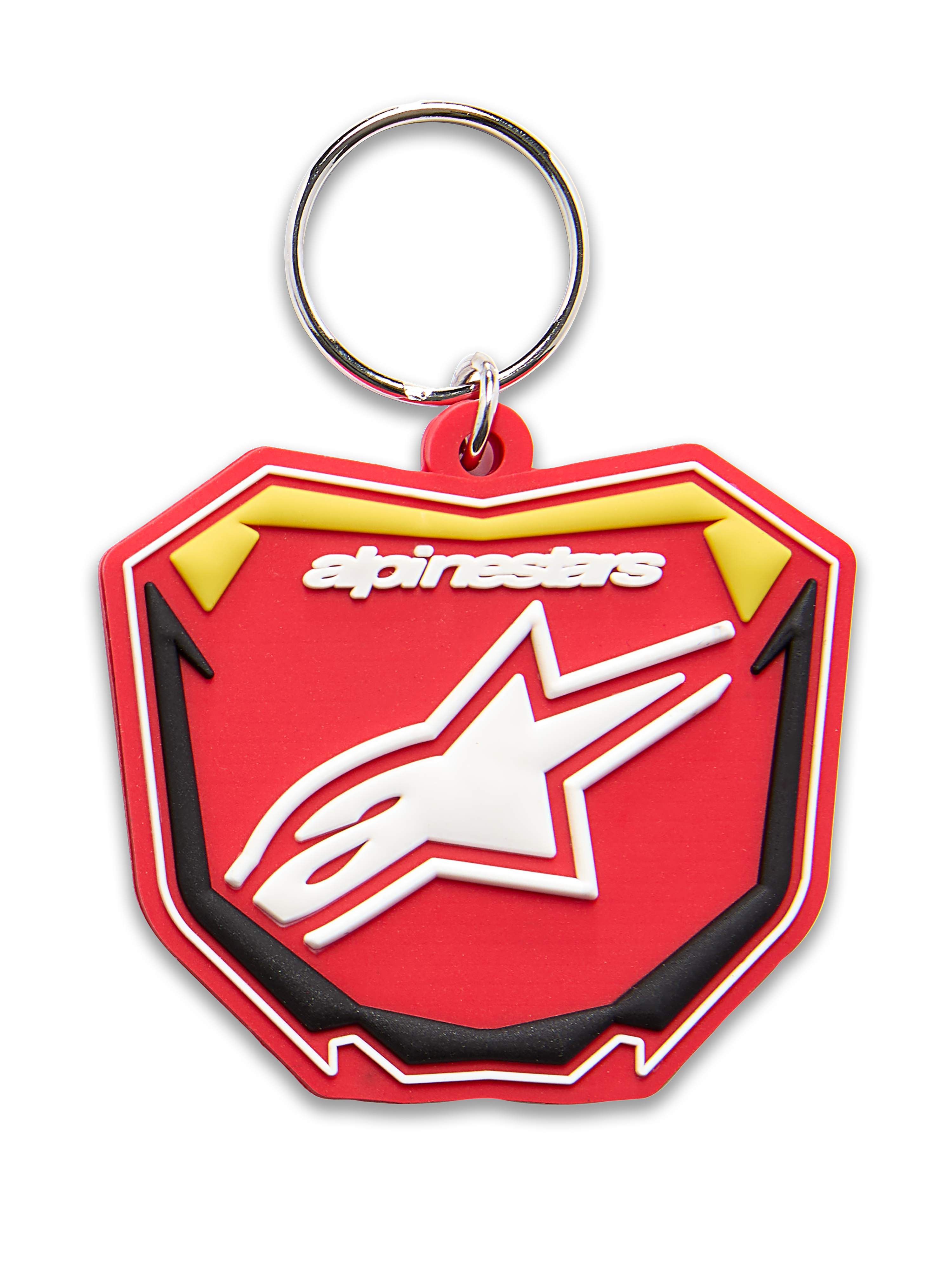 Alpinestars Plate Keyfob, 3D molded keychain, Red Yellow and Black, white Alpinestars logo and Astars star symbol, silver metal snap ring, motorsport-inspired MX plate design