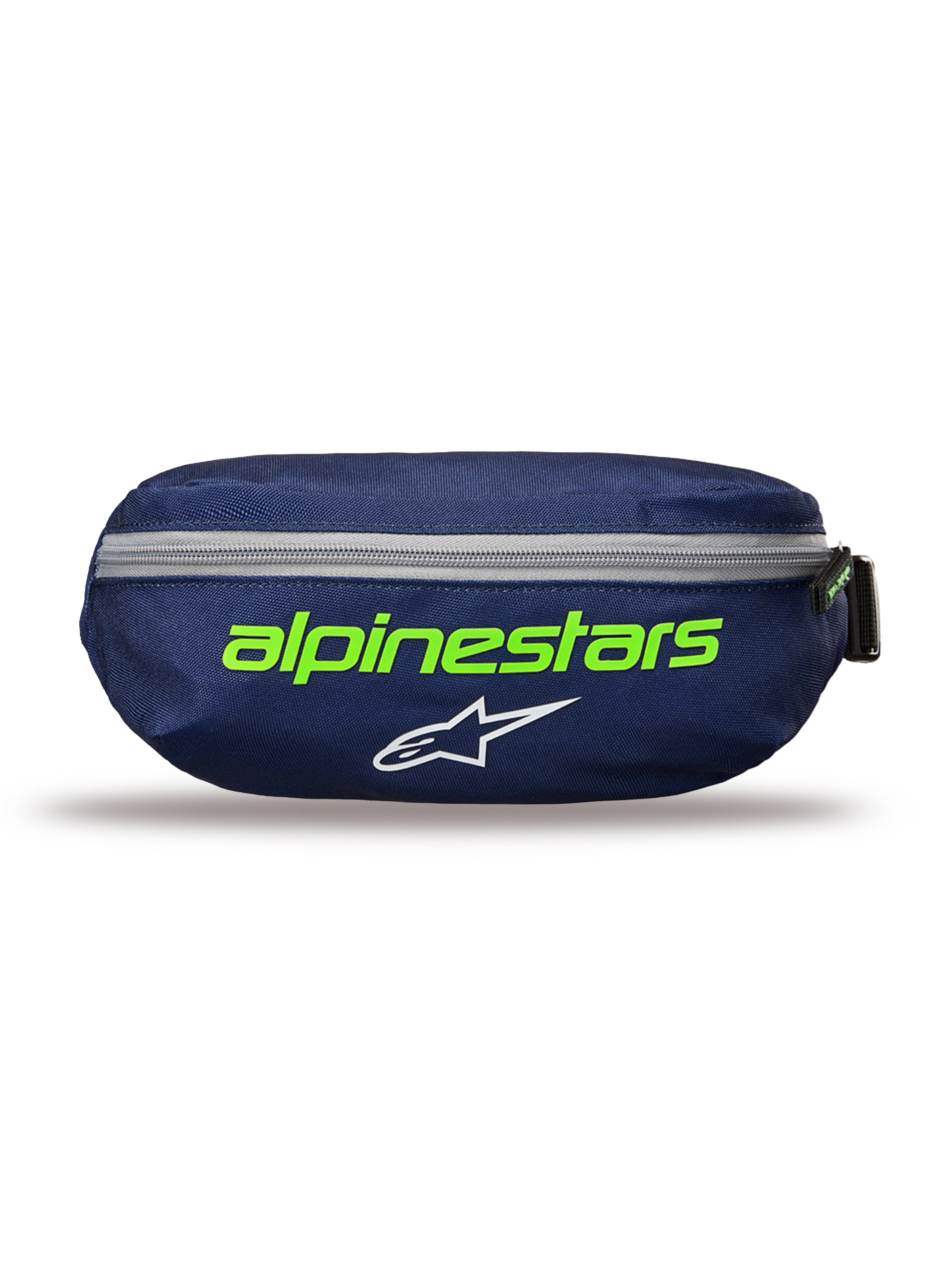 Alpinestars Only Linear Hip Bag, Navy Green waist pack, dark blue with bright green Alpinestars text and white star logo, horizontal gray zipper, durable polyester construction, compact accessory for everyday use.