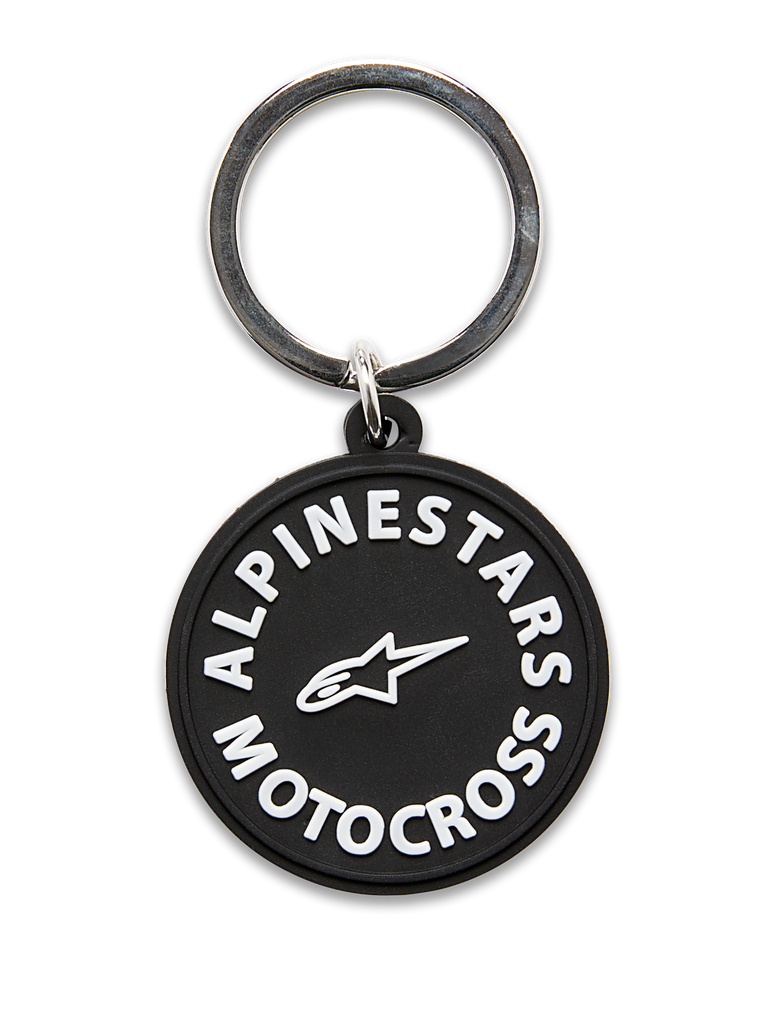 Alpinestars MX Keyfob, circular 3D molded keychain, black with white Alpinestars Motocross graphics and star logo, silver metal snap ring, durable accessory for daily use