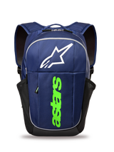 Alpinestars GFX Boss Backpack, Lifestyle Backpack, Navy Blue and Lime Green, featuring a large white Astars logo and vertical lime green branding, side mesh water bottle pockets, durable polyester construction for everyday use.