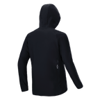 Alpinestars A-Dura Thermal Jacket, Black, Back view, featuring a hood and long sleeves with a small white Alpinestars logo on the lower back, lightweight insulated design for mountain bike performance