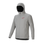 Alpinestars A-Dura Thermal Jacket, light gray Titanium cycling jacket featuring an insulated hood, red chest logo, and full-zip front, technical mountain bike gear for cold weather protection.