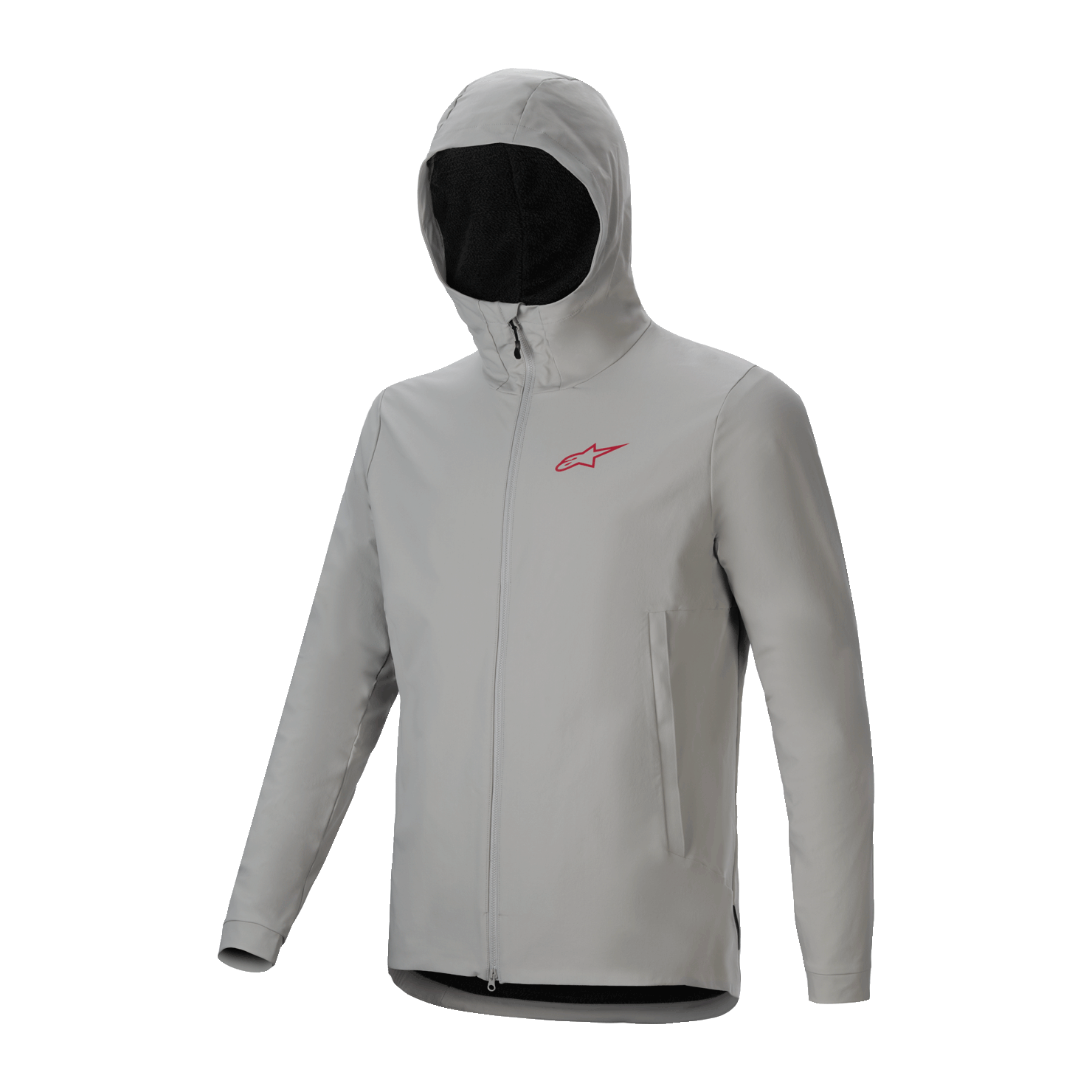 Alpinestars A-Dura Thermal Jacket, light gray Titanium cycling jacket featuring an insulated hood, red chest logo, and full-zip front, technical mountain bike gear for cold weather protection.