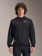 Alpinestars A-Aria Windbreaker Jacket, Black, Lightweight Cycling Jacket, featuring white Astars logo on chest and branding on lower right, full-zip front, mock neck, elastic cuffs and hem, performance fit for outdoor sports