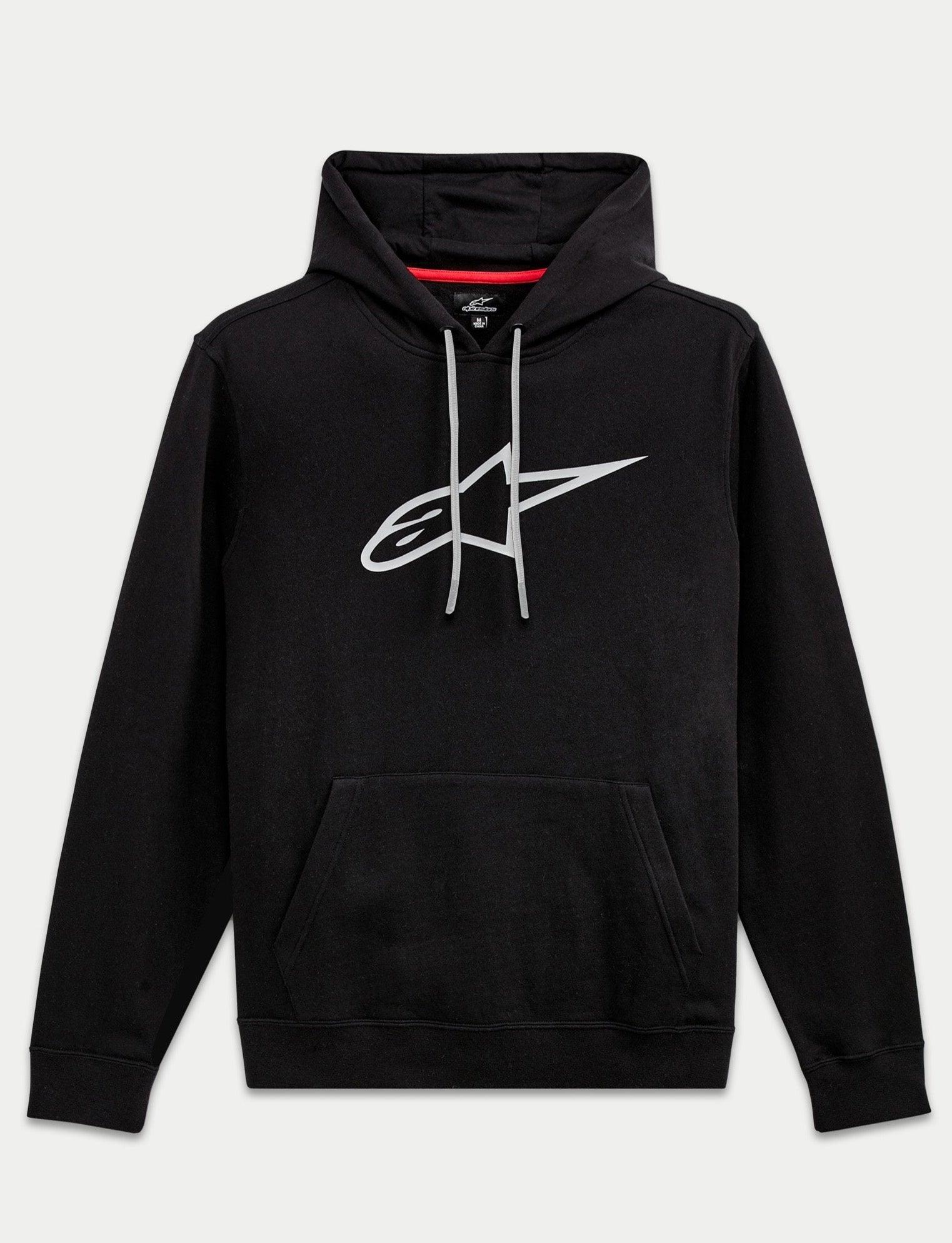 Alpinestars Ageless V3 Hoodie, casual streetwear, black with large grey embroidered star logo, drawstring hood with grey cords, kangaroo pocket, long sleeves, modern motorsport-inspired design