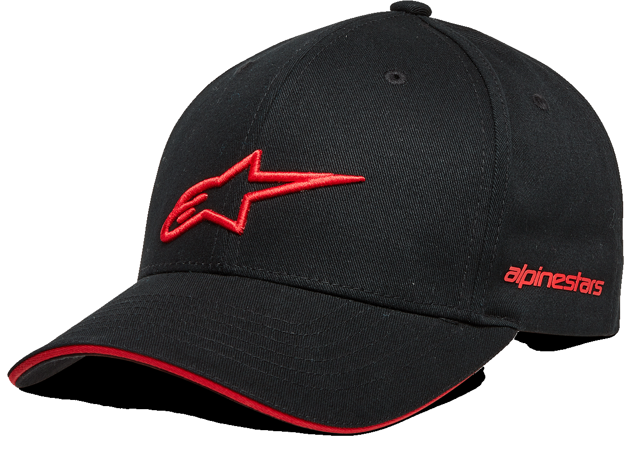 Alpinestars Rostrum Hat, Black Baseball Cap with Red 3D Star Logo, Curved Brim with Red Sandwich Bill Detail, Embroidered Alpinestars Side Branding, Casual Motorsport Headwear