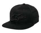 Alpinestars Los Angeles Hat, flat bill snapback, all-black, 3D embroidered Los Angeles athletic font with Ageless logo on front, structured crown, casual streetwear style