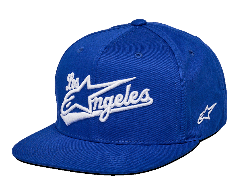 Alpinestars Los Angeles Hat, Blue Snapback Hat, White 3D embroidered Los Angeles athletic font logo, flat bill, structured crown, casual motorsport-inspired headwear