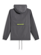 Alpinestars Speeder Chromium Windbreak Jacket, rear view, Charcoal grey with Hi-Vis yellow logo across the back, hooded windbreaker with elasticated cuffs and drawstring hem, casual motorsport-inspired streetwear