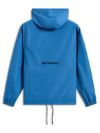 Alpinestars Speeder Chromium Windbreak Jacket, bright blue, back view featuring black Alpinestars word logo, hooded lightweight windbreaker, elastic cuffs, adjustable hem with drawcords, casual motorsport-inspired outerwear