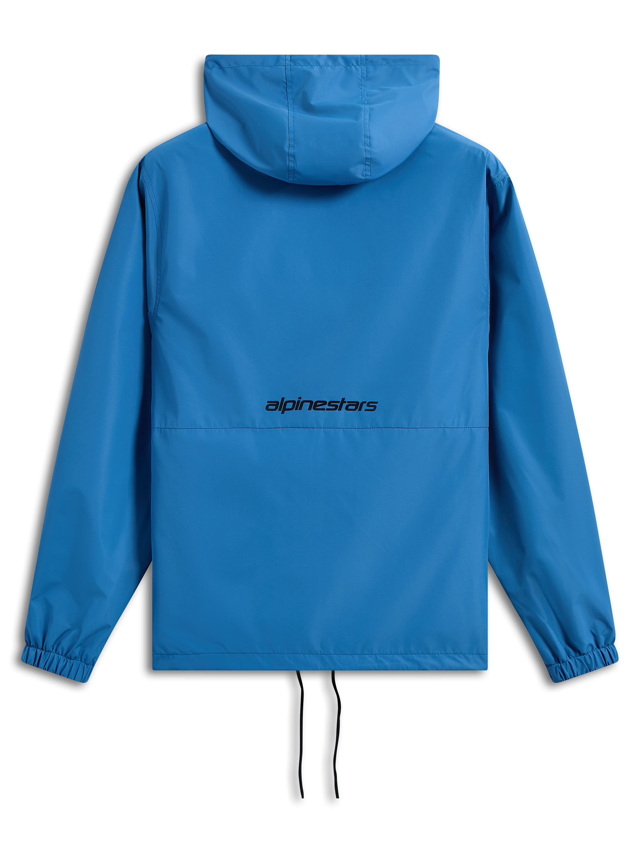 Alpinestars Speeder Chromium Windbreak Jacket, bright blue, back view featuring black Alpinestars word logo, hooded lightweight windbreaker, elastic cuffs, adjustable hem with drawcords, casual motorsport-inspired outerwear