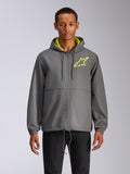 Alpinestars Speeder Chromium Windbreak Jacket, charcoal gray hooded windbreaker with hi-vis yellow star logo, lime green hood interior, elastic cuffs, adjustable drawstrings, front zipper closure, casual motorsport style