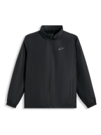Alpinestars Overhaul Racer Jacket, Black Rain Shell Jacket, featuring a small silver logo on the chest, full front zipper, and side pockets, casual motorsport-inspired streetwear