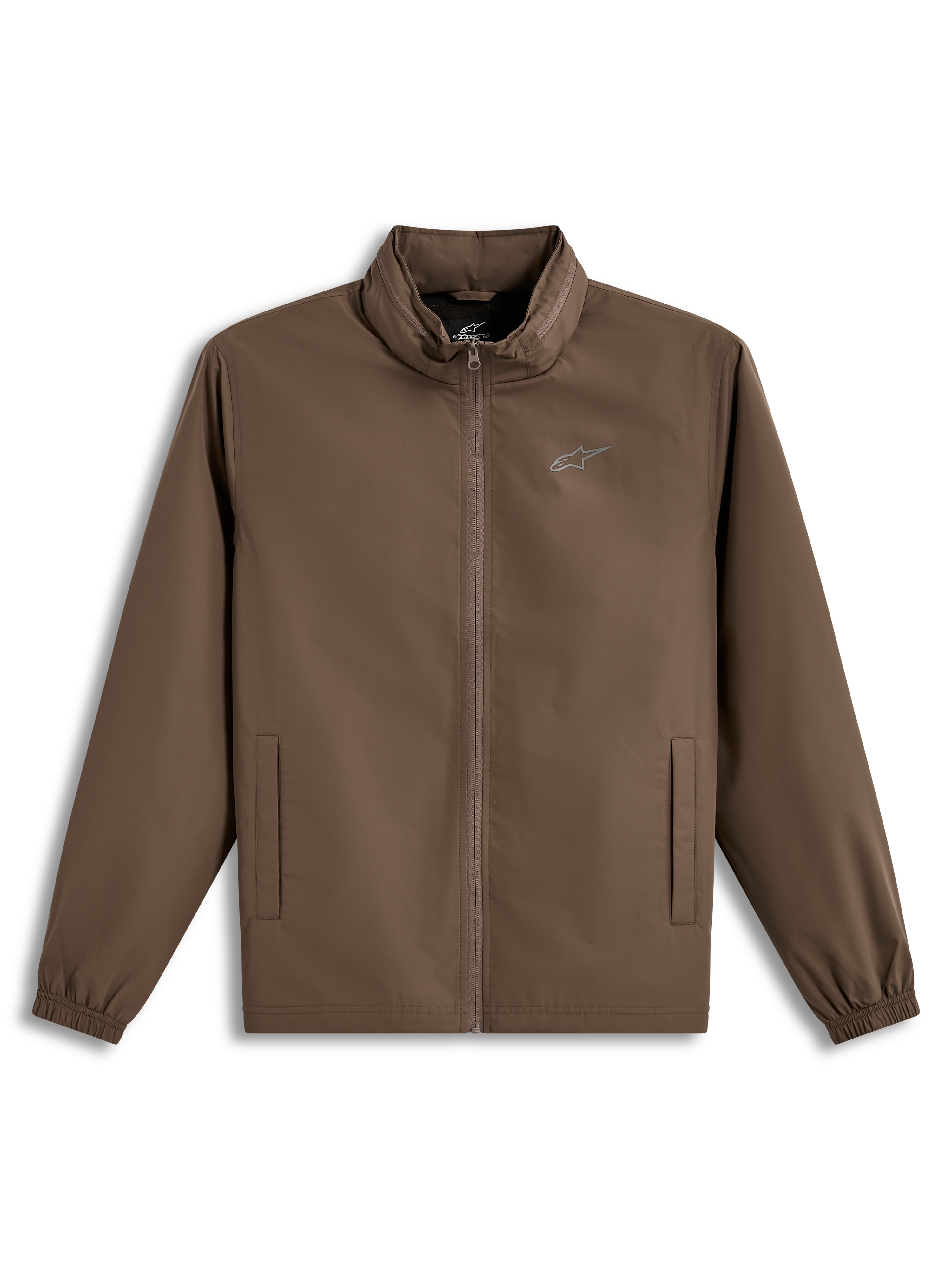Alpinestars Overhaul Racer Jacket, lightweight Sand brown sportswear jacket with a hidden packable hood and chest logo.