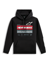 Alpinestars Harken Hoodie, Black pullover hoodie, front graphic with Alpinestars logo and 'Racing Ahead' text, red and grey horizontal stripes, kangaroo pocket, white wordmark logo on sleeve, casual motorsport-inspired streetwear