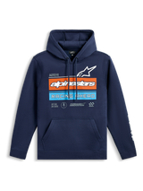 Alpinestars Harken Hoodie, Navy Blue pullover fleece, front chest graphic with orange and light blue stripes, white Alpinestars logo and 'Racing Ahead' text, kangaroo pocket, long sleeves with wordmark logos, casual motorsport-inspired design