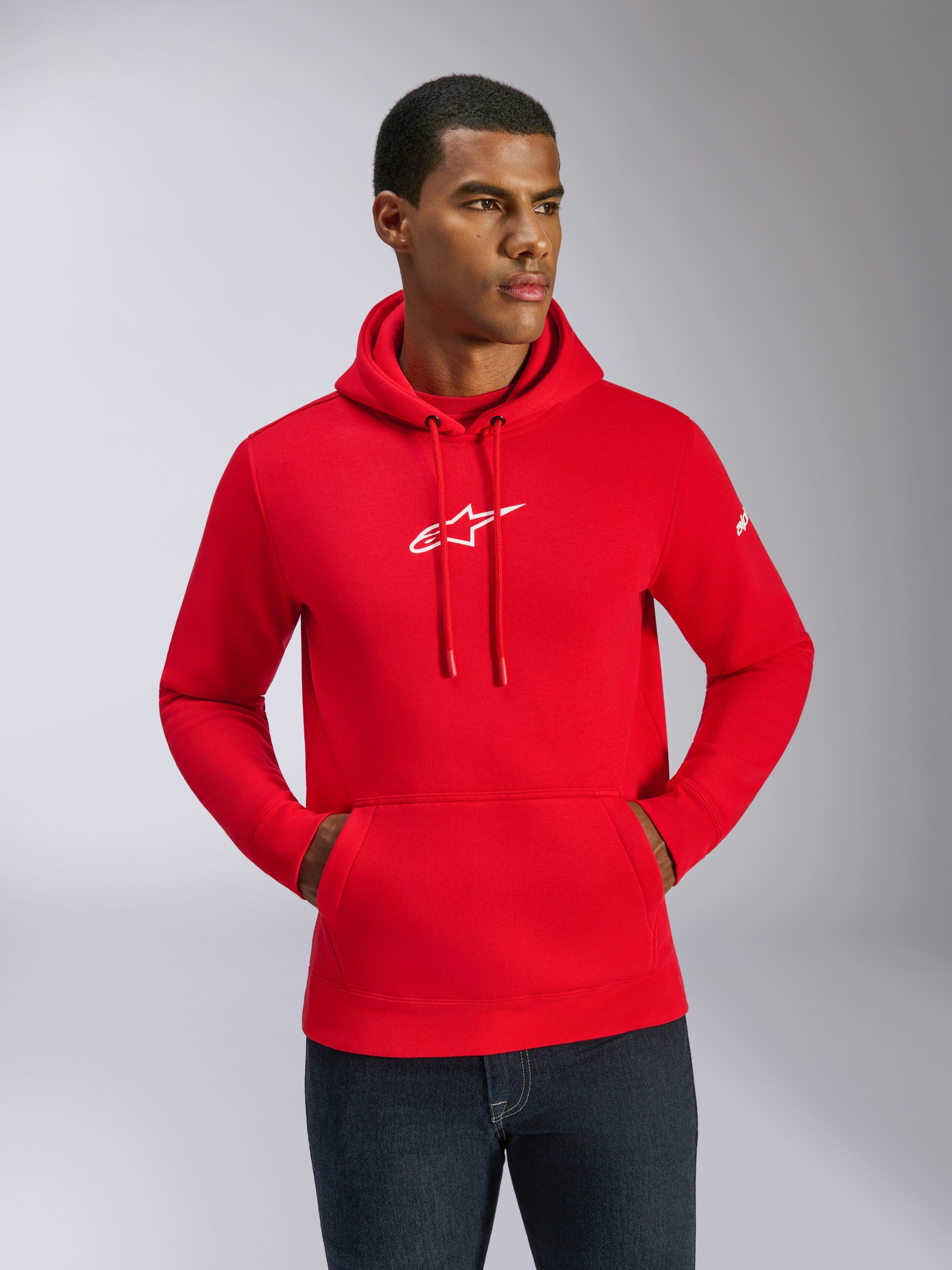 Alpinestars Frontal Hoodie, Red pullover fleece hoodie, white Astars logo on chest, drawstring hood, kangaroo pocket, casual motorsport-inspired streetwear