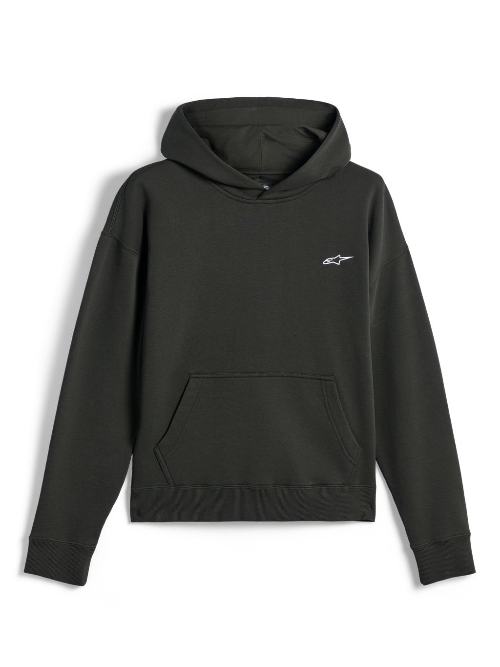Alpinestars Essentials Ageless Hoodie, casual streetwear, Off Black with small white Astars logo, pullover with hood and front kangaroo pocket, premium stone-washed fleece finish