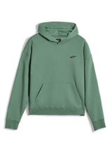 Alpinestars Essentials Ageless Hoodie, casual streetwear pullover, Cactus green with stone wash finish, small black Alpinestars logo on chest, front kangaroo pocket, ribbed cuffs and hem, premium fleece material