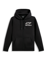 Alpinestars Formulation Hoodie, Zip-Front Poly Fleece Hoodie, Black, featuring white Alpinestars logo and wordmark on the chest, mesh-lined drawstring hood, ribbed cuffs and hem, casual motorsport streetwear