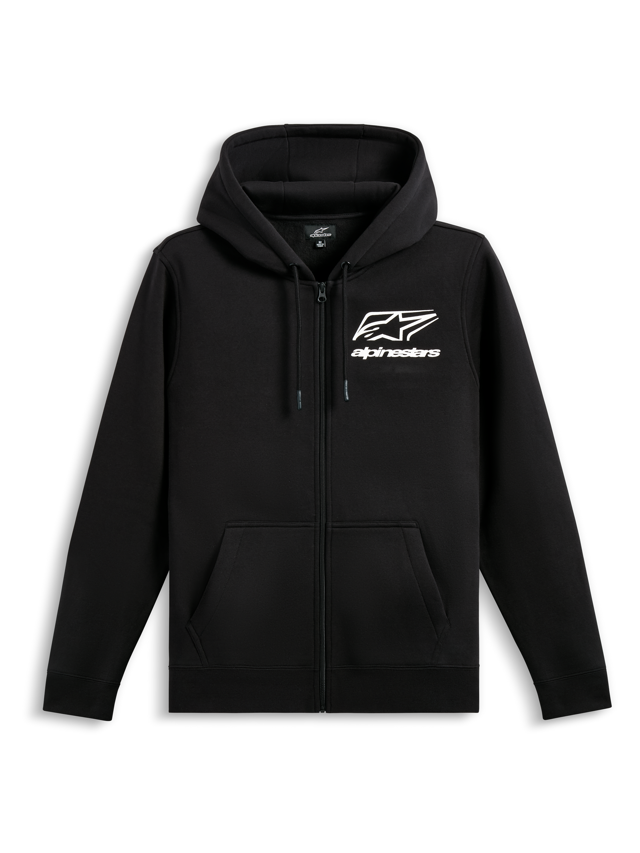 Alpinestars Formulation Hoodie, Zip-Front Poly Fleece Hoodie, Black, featuring white Alpinestars logo and wordmark on the chest, mesh-lined drawstring hood, ribbed cuffs and hem, casual motorsport streetwear
