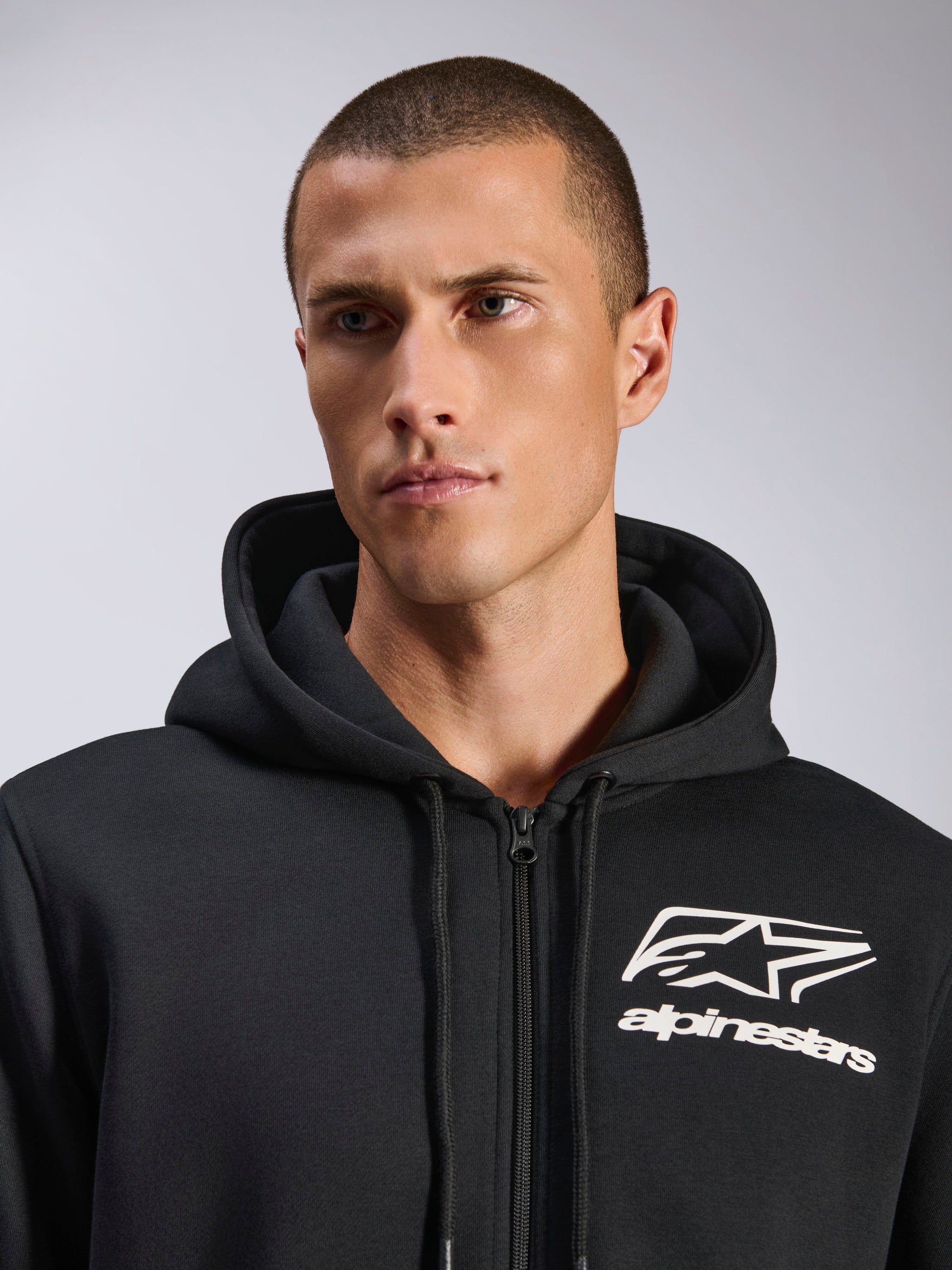 Alpinestars Formulation Hoodie, Black, Zip-front hoodie featuring white Alpinestars logo and wordmark on the chest, mesh-lined hood with drawcords, casual motorsport-inspired streetwear
