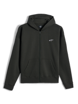 Alpinestars Essentials Ageless Zip Hoodie, full-zip fleece hoodie, Off Black, small white Alpinestars logo on the left chest, casual motorsport streetwear, featuring front pockets and ribbed cuffs
