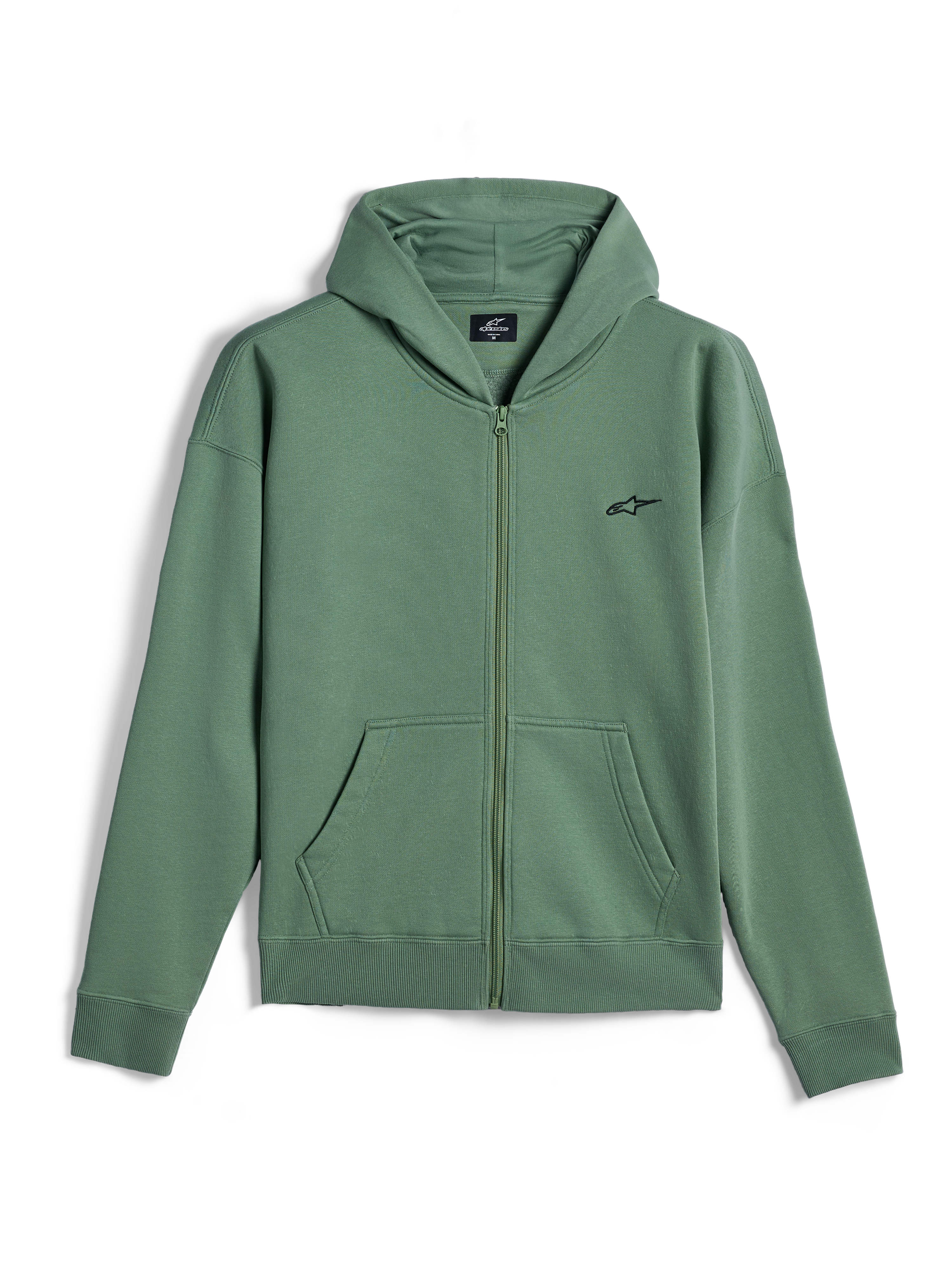 Alpinestars Essentials Ageless Zip Hoodie, casual streetwear, Cactus Green with small black Alpinestars logo, full-zip front, hooded sweatshirt with split kangaroo pockets, ribbed cuffs and hem, motorsport-inspired design
