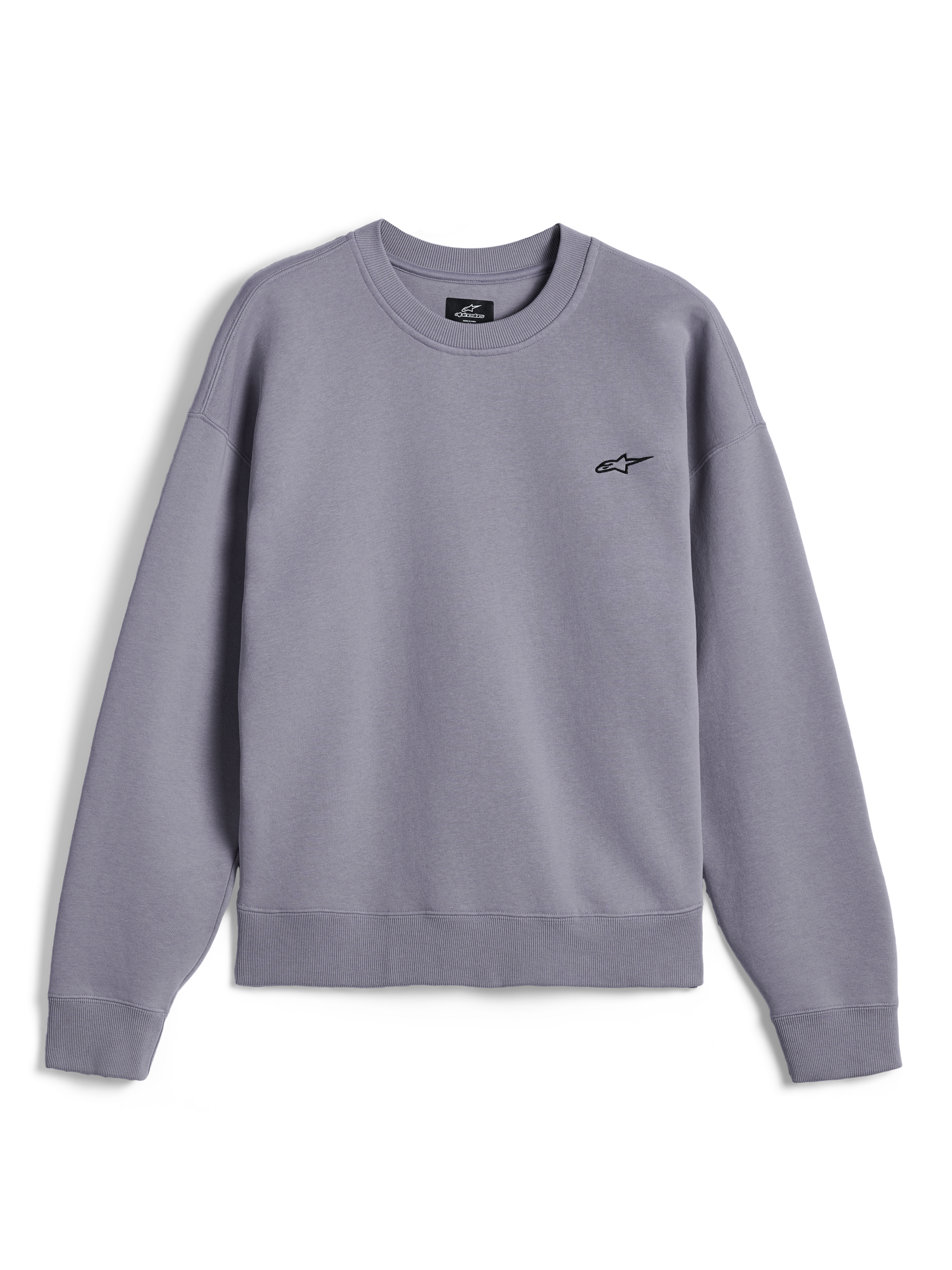 Alpinestars Essentials Ageless Crew, premium crewneck sweatshirt, Silver, featuring a small black Astar logo on the chest, ribbed collar, cuffs, and hem, casual motorsport-inspired streetwear