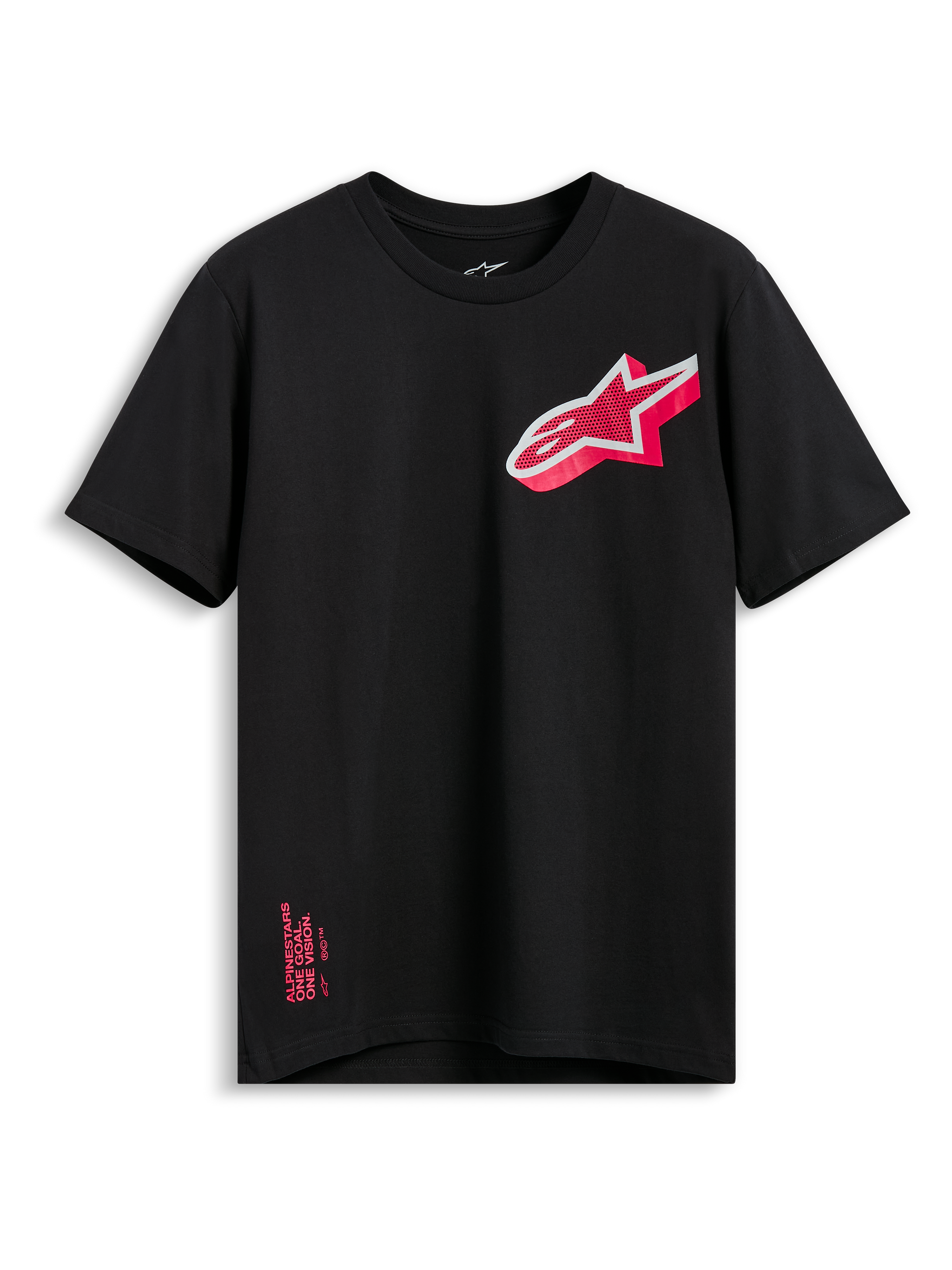 Alpinestars Shaded CSF Tee, Short Sleeve T-Shirt, Black, Slanted Pink and White Astars Gradient Logo, Casual Motorsport Apparel