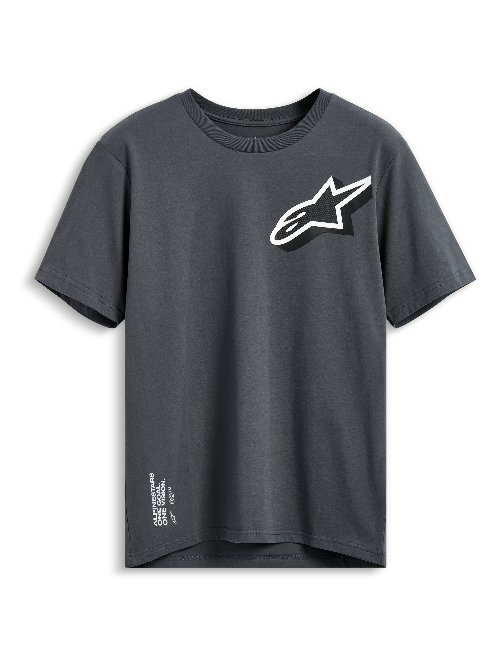 Alpinestars Shaded CSF Tee, Short Sleeve T-Shirt, Charcoal Gray, Slanted white and black Astars logo on chest, Alpinestars One Goal One Vision text on bottom hem, Casual Motorsport Streetwear