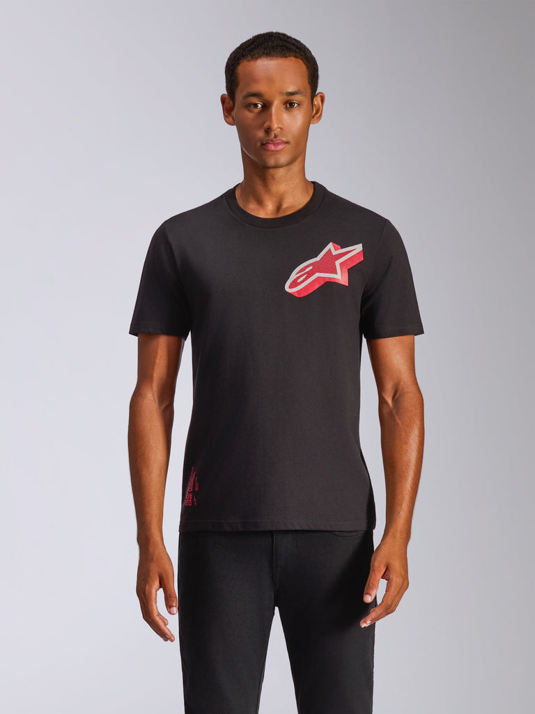 Alpinestars Shaded CSF Tee, Short Sleeve T-Shirt, Black, Red Slanted Gradient Foil Astars Logo, Worn by Model with Black Pants, Casual Motorsport Streetwear