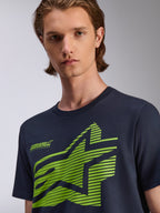 Alpinestars Fasting CSF Tee, Short Sleeve T-Shirt, Navy Blue, Lime Green Geometric Star Graphic with Forward Innovation Text, Casual Motorsport Streetwear