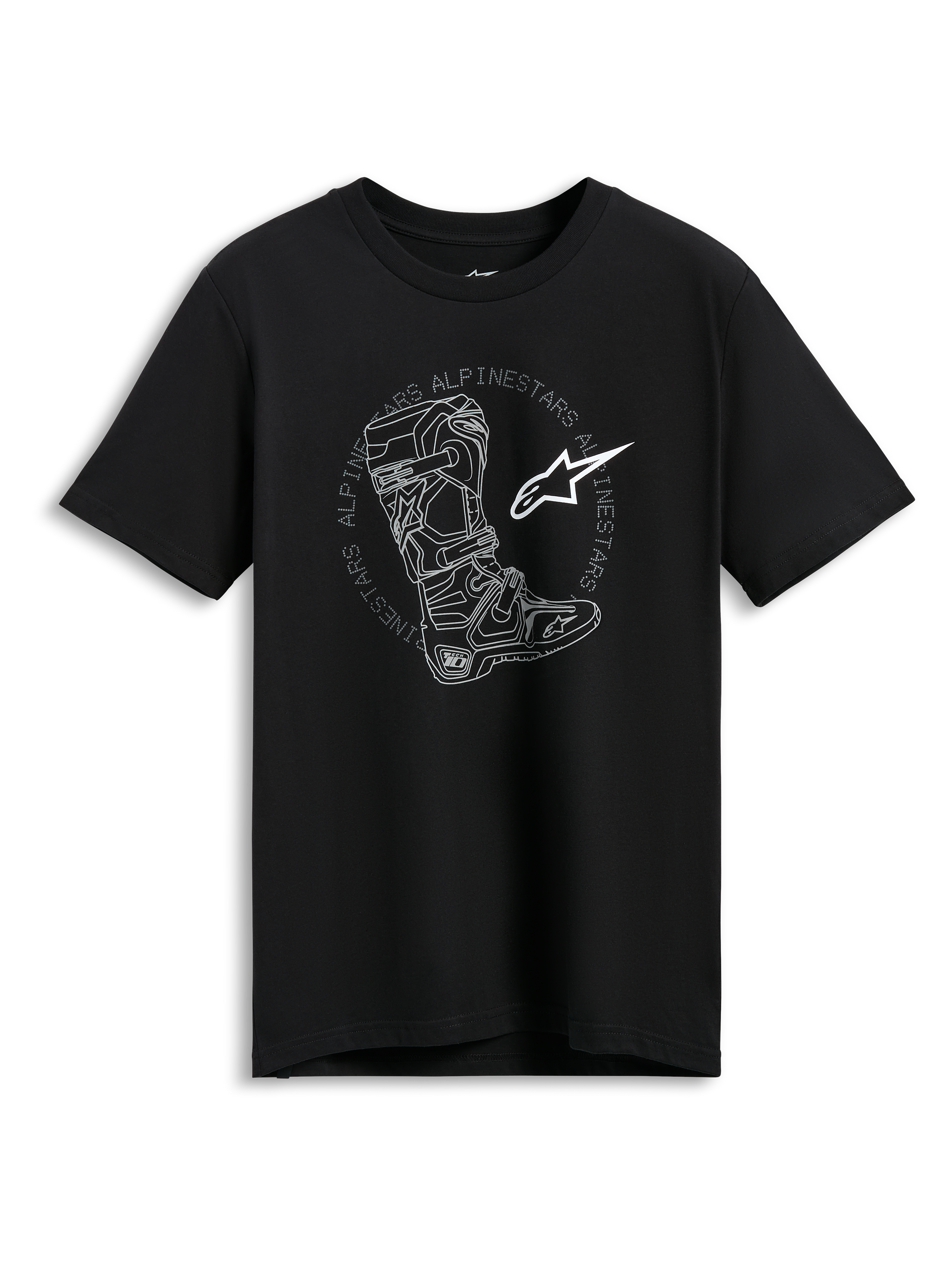 Alpinestars Tech Boot CSF Tee, Short Sleeve T-Shirt, Black, White Motocross Boot Illustration with Circular Alpinestars Wordmark and Star Logo, Casual Motorsport Streetwear