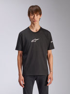 Alpinestars Frontal CSF Tee, Short Sleeve T-Shirt, Black, white Astars logo on chest, worn by model, casual motorsport apparel
