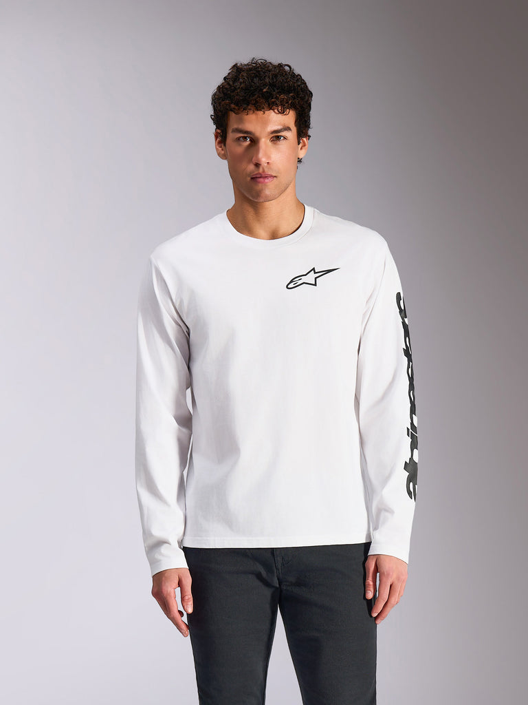 Alpinestars Trackside CSF Tee, Long Sleeve T-Shirt, White, Black Alpinestars chest logo and sleeve branding, casual motorsport streetwear, front view