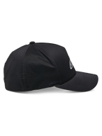 Alpinestars Ageless Reflex Waterproof Hat, Black, side profile view, curved bill with structured crown, technical waterproof fabric with reflective logo detail, casual performance headwear