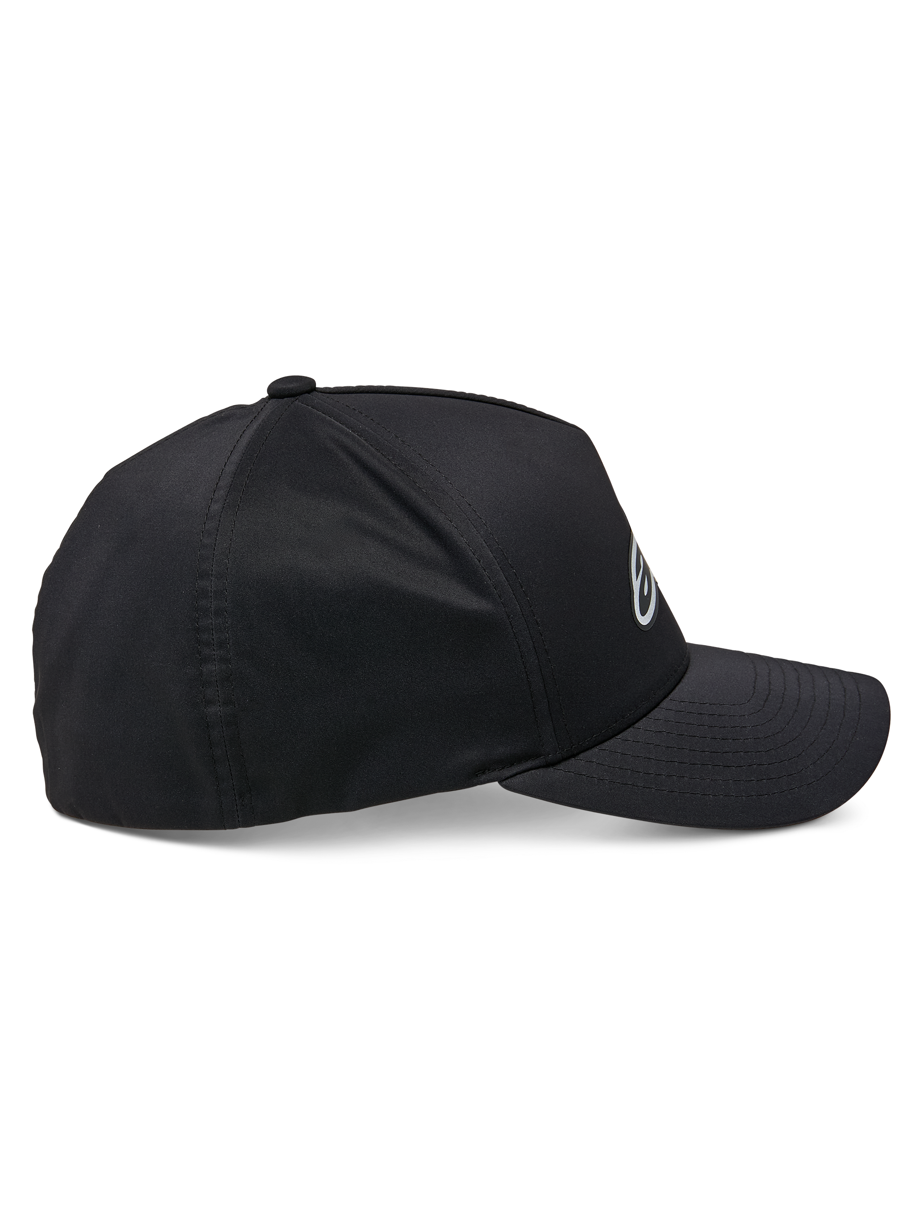 Alpinestars Ageless Reflex Waterproof Hat, Black, side profile view, curved bill with structured crown, technical waterproof fabric with reflective logo detail, casual performance headwear