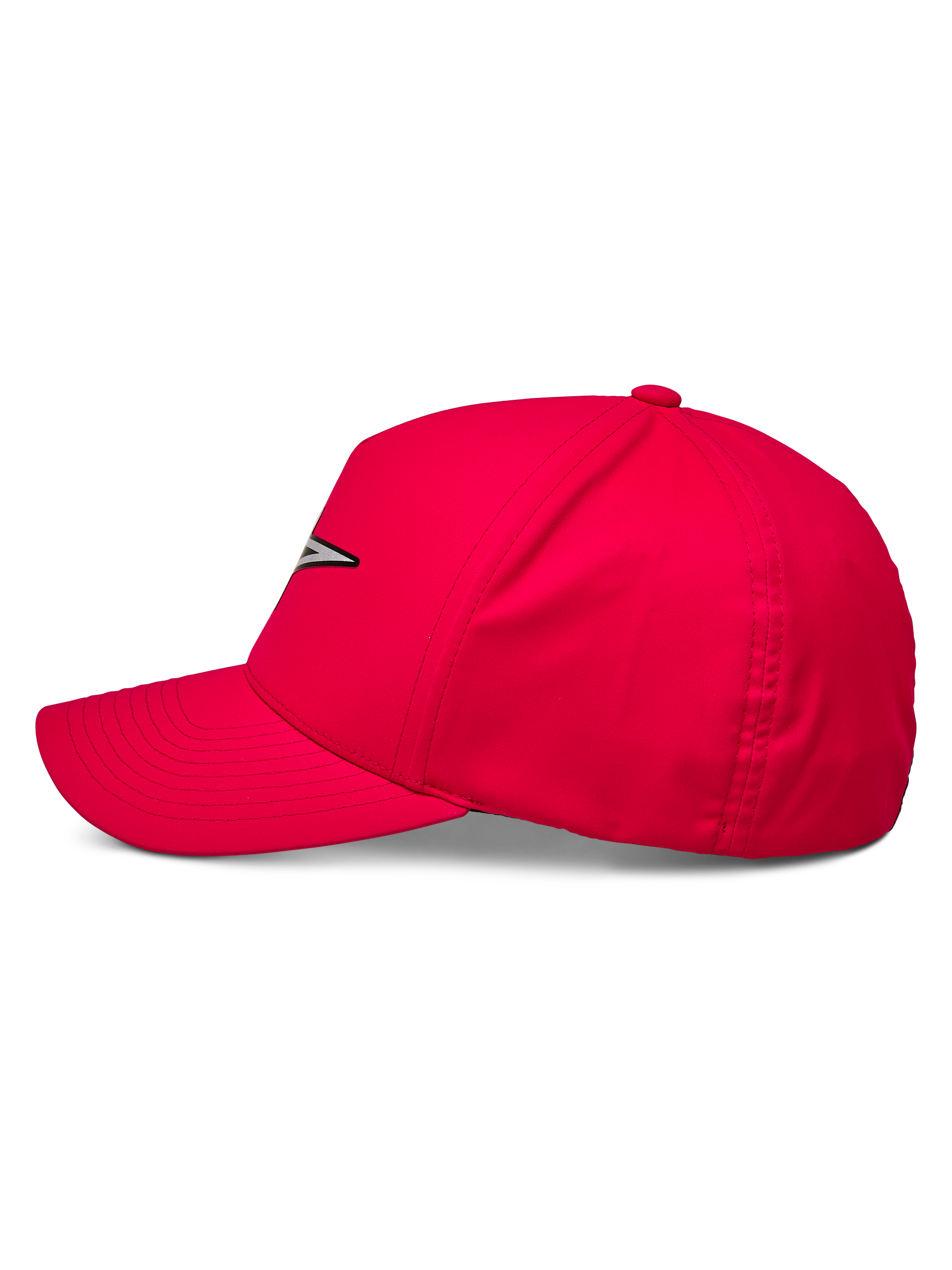 Alpinestars Ageless Reflex Waterproof Hat, Red Baseball Cap, side profile view showing curved bill and structured crown, reflective Astars logo on the front, casual performance sportswear