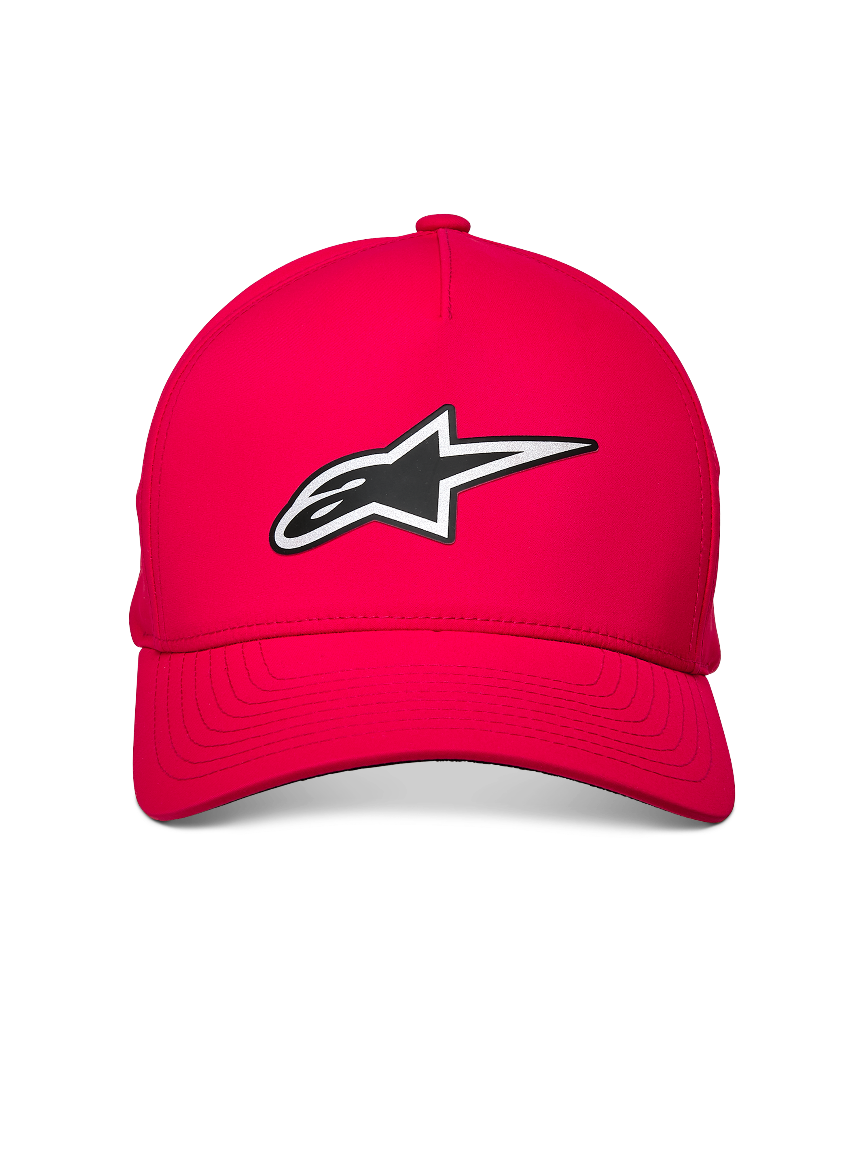 Alpinestars Ageless Reflex Waterproof Hat, Red, featuring a front reflective Astars logo, curved bill and structured crown, waterproof tech fabric for casual motorsport style