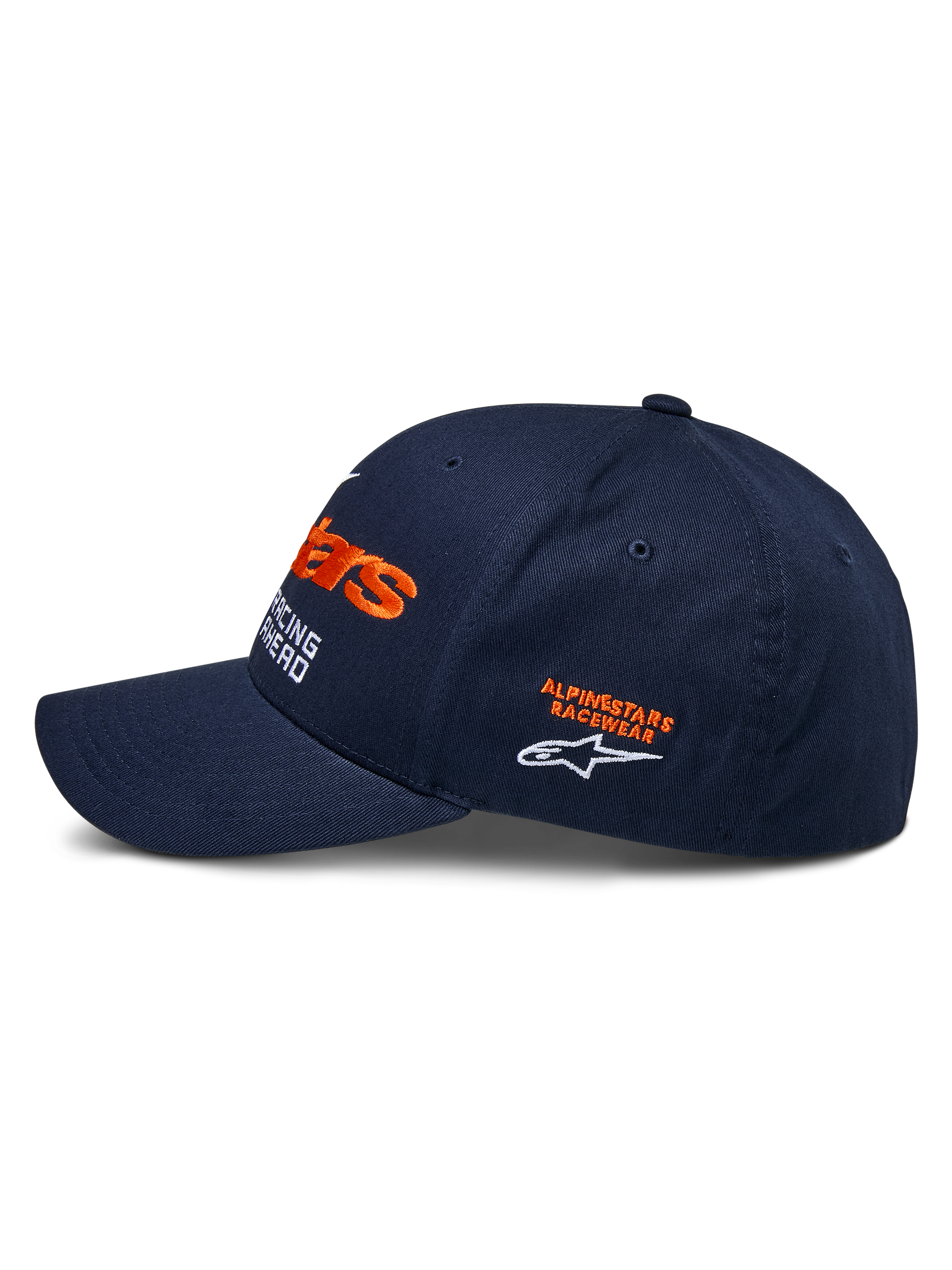 Alpinestars Entitled Hat, Side Profile, Navy Blue with Orange and White Embroidery, featuring 'Alpinestars Racewear' text and logo, curved bill, structured crown, casual motorsport headwear