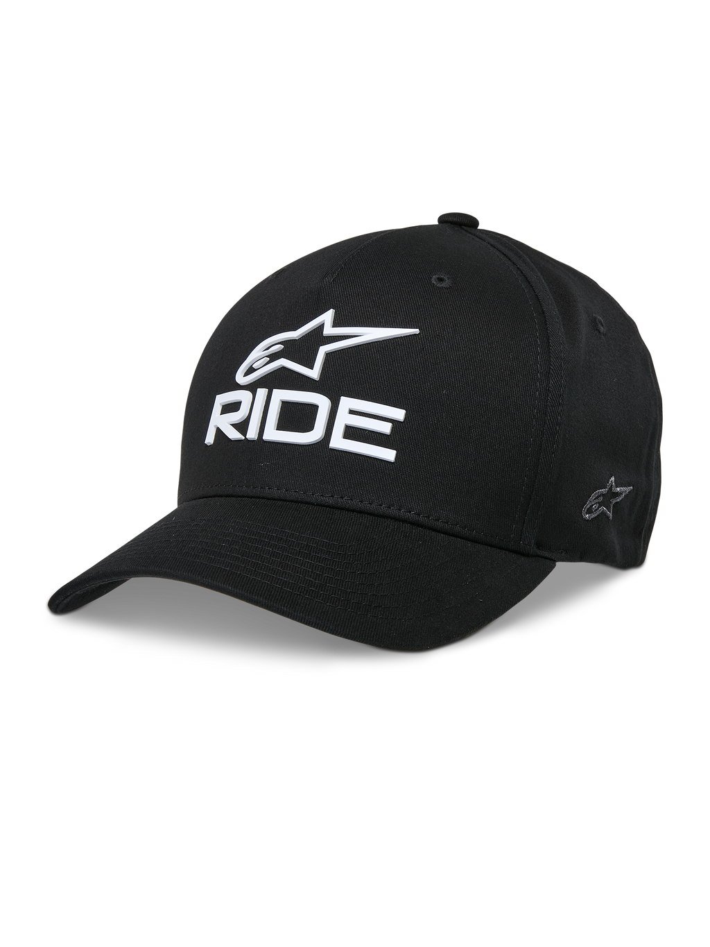 Alpinestars Ride Sonic Hat, Black Baseball Cap, White 3D Embroidered Star Logo and RIDE Text, Curved Bill, Structured Crown, Casual Motorsport Headwear