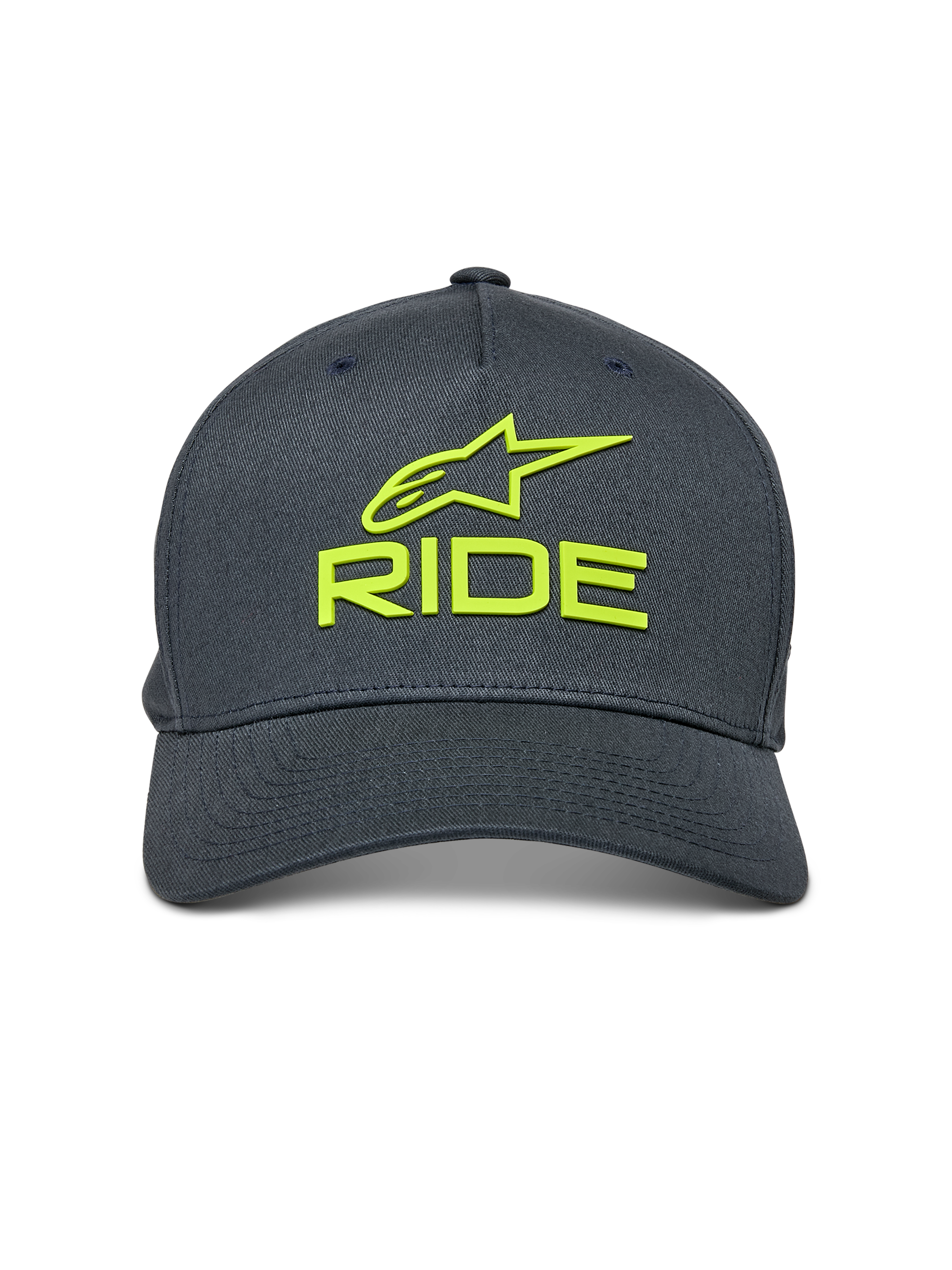 Alpinestars Ride Sonic Hat, Charcoal Grey with Hi-Vis Yellow, 3D embroidered Alpinestars logo and RIDE text, curved bill, structured crown, casual motorsport-inspired headwear